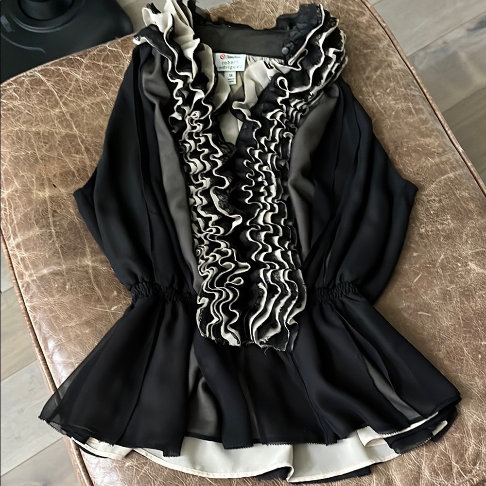 Elegant Black and Cream Ruffled Women's Top
